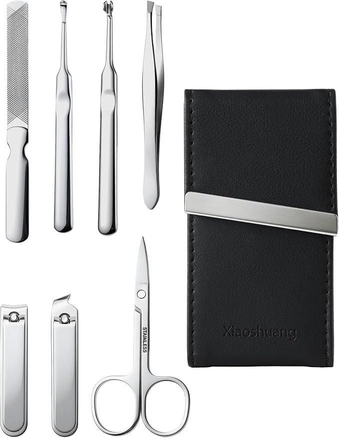 Portable Nail Clipper Set, 7-in-1 Stainless Steel Manicure Kit for Men Travel Grooming Kit with Compact Case, Premium Men's Nail Care Set