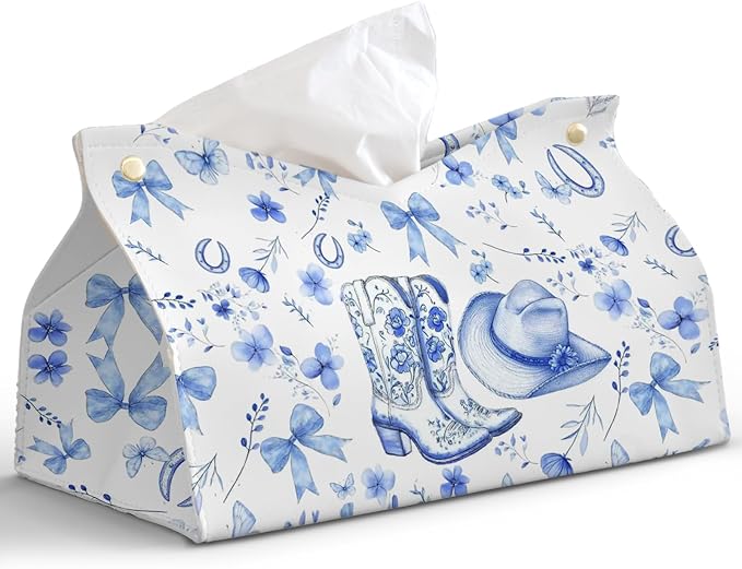Blue Western Cowgirl Tissue Box Cover Rectangle,Blue and White Floral Toilet Paper Box Holder,Leather Decorative Facial Paper Case for Living Room Bathroom Kitchen Office Desk,9.8x5.9x5.9In