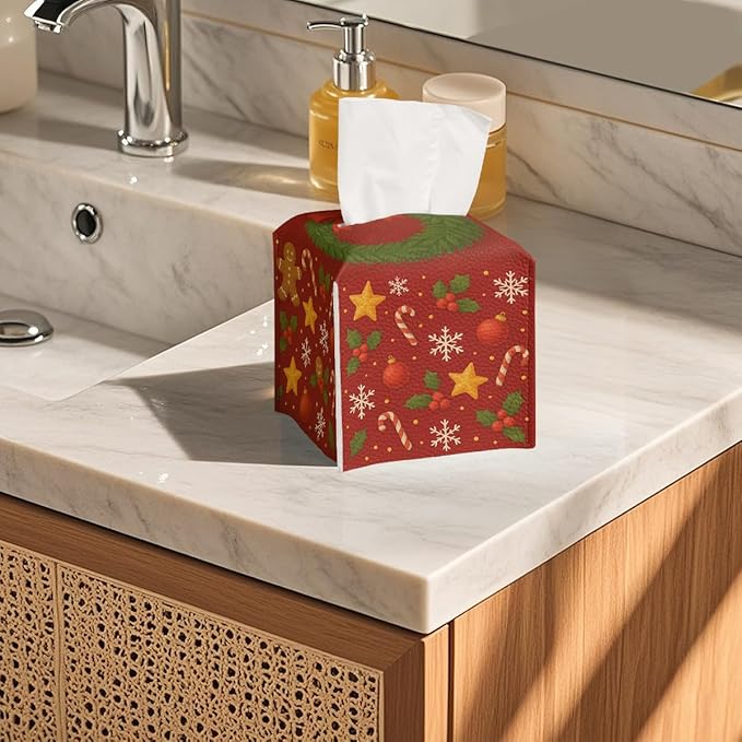 Christmas Tissue Box Cover Funny Cartoon Cute Red Xmas Holly Leather Tissue Box Holder Square Facial Paper Organizer Dispenser for Car Bathroom Bedroom Office Tabletop Decor