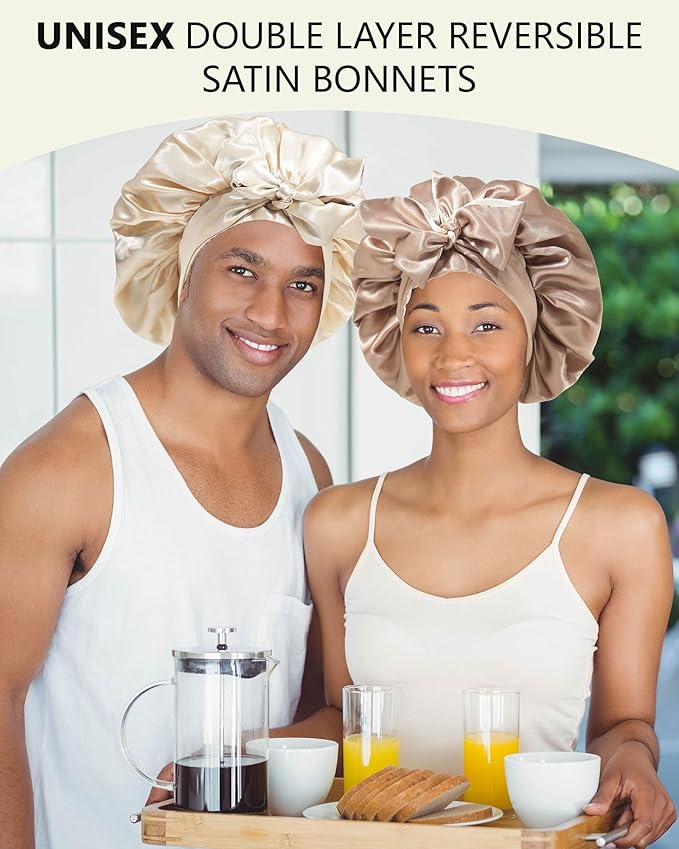 Satin Bonnet Silk Hair Wrap for Sleeping - Reversible Cap with Tie Band Night Cap Double Layer for Curly Hair (Coffee + Champagne)
