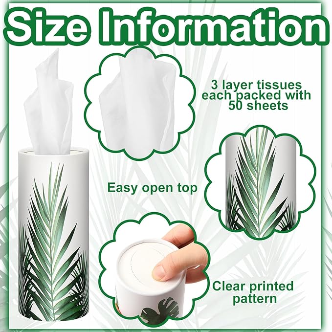 Zonon 8 Pcs Greenery Car Tissue Cylinder with 3-ply Facial Tissue Bulk Round Tissues Holder Box Spring Travel Cylinders Tubes for Car Decoration with 50 Sheets for Cup Holder Round Container