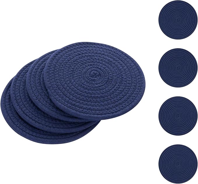 SHACOS 8 Inches Trivets for Hot Dishes, 4 Pieces Cotton Trivets Mats for Kitchen, Heat-Resistant Pot Holders for Countertops and Table, Hot Pads for Hot Pots and Pans, Navy Blue