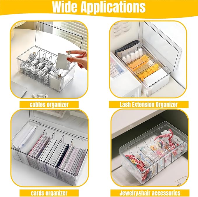 2 Pack Lash Extension Organizer, Clear Eyelash Cart Storage Boxes with 6 Compartments, Separated Large Capacity Eyelash Extension Supplies Storage Container for Lash Techs
