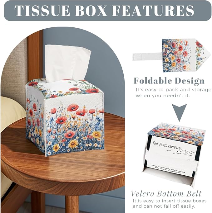 Flower Tissue Box Cover Red Poppy Daisy Wild Garden Watercolor Leather Tissue Box Holder Square Facial Paper Organizer Dispenser for Bathroom Kitchen Bedroom Vanity Countertop Night Stands