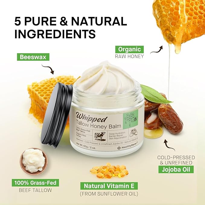 Beef Tallow Honey Balm for Skin: 100% Grass Fed Whipped Organic Moisturizer with Organic Raw Honey, Jojoba Oil, Vitamin E – Natural Face and Body Care for Mature, Dry or Sensitive Skin, 4oz