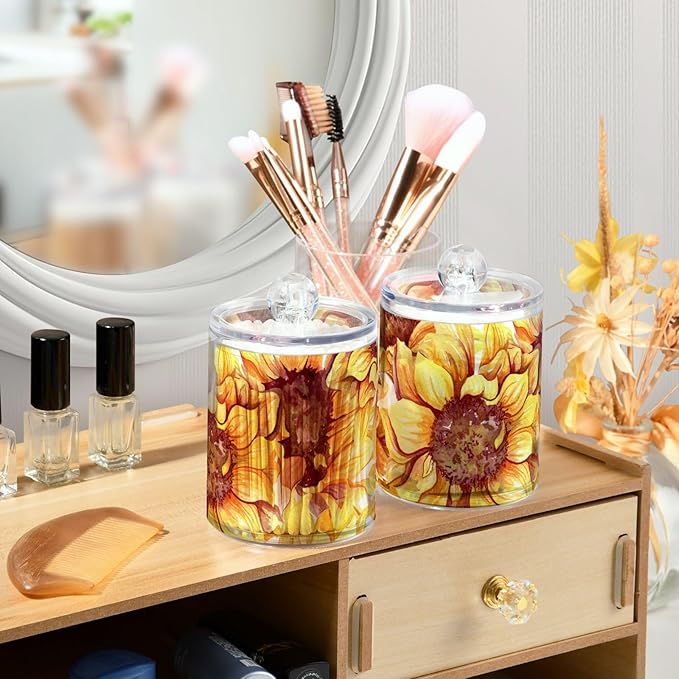 2 Pack Qtip Holder Dispenser for Cotton Ball Sunflowers Floral Cotton Swab Round Pads Clear Plastic Acrylic Jar Set Bathroom Canister