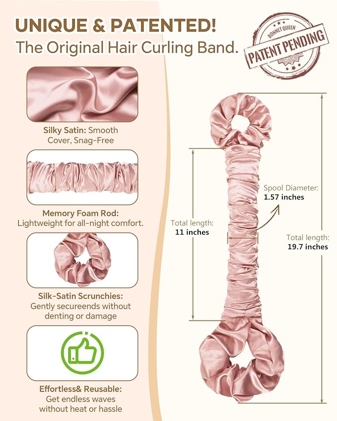 BONNET QUEEN Satin Heatless Hair Curler, Overnight Curls for Long Hair, ultra soft Heatless Curling Rod & 2 Scrunchies,Damage-Free Styling, Soft Hair Curlers for Overnight Use(Rose Gold)