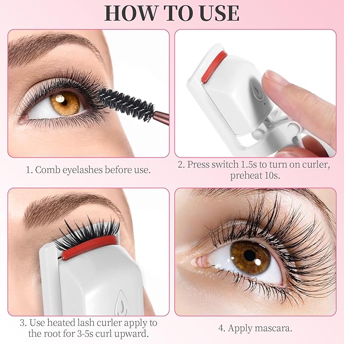 Heated Eyelash Curler, Rechargeable Electric Eyelash Curlers Fast Heat Up in 5s for 24 Hours Long Lasting, C-Shaped Safe Anti-Burn Quick Natural Eyelash Separator Tool Lash Comb (White)