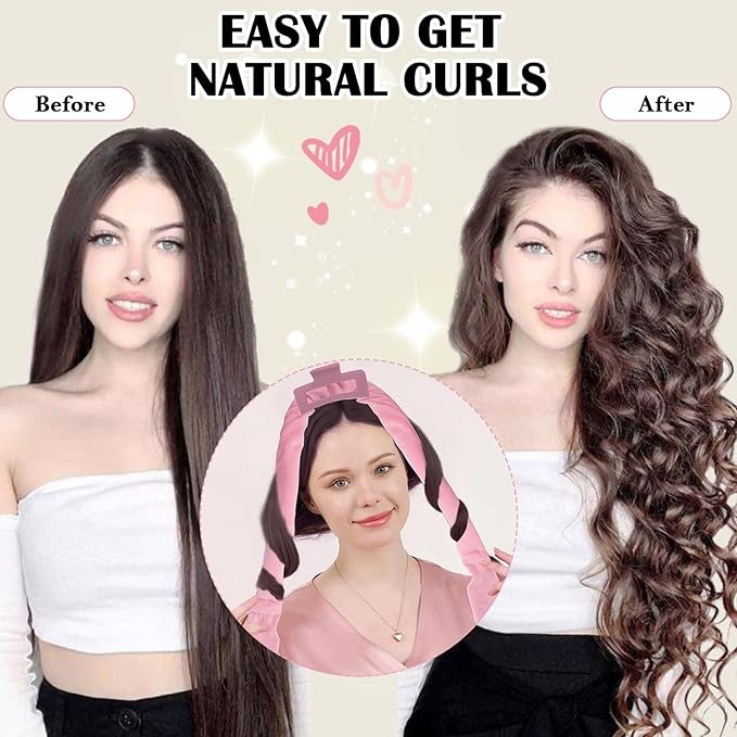 ZILAMPU No Heat Overnight Curl Headband, 70" Soft Wave Hair Rollers for Long Hair, 9 PCS Hair Curling Rods Gift Set - Pink