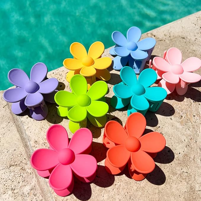 Flower Hair Clips 8PCS, Large Claw Clips for Women Girls Thick Thin Hair, Strong Hold Non slip Big Matte Dasiy Jaw Clamps Hair Accessories 8 Colors