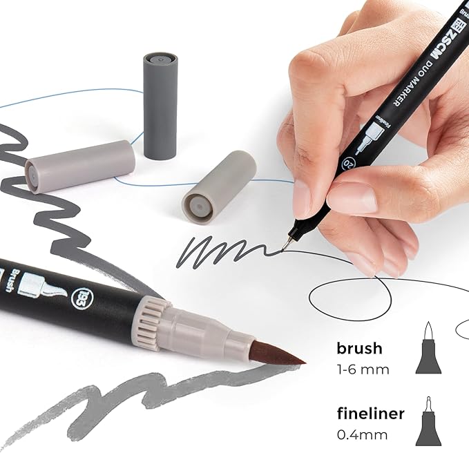 Gray Duo Tip Marker Pens, 12 Pack Fine & Brush Markers for Adult Coloring Books No Bleeding, Neutral Gray Markers for Shading, Urban Sketches, Architectural Drawings and Realistic Textures