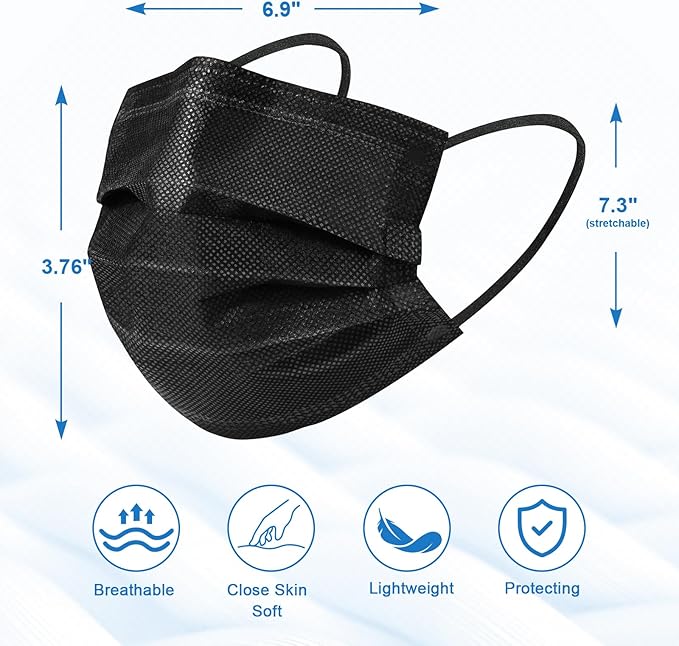 ZIYE 100/500 Pcs Disposable Face Masks, Breathable Mask 3 Layer with Nose Clip Elastic Earloop（Multicolor/Black）