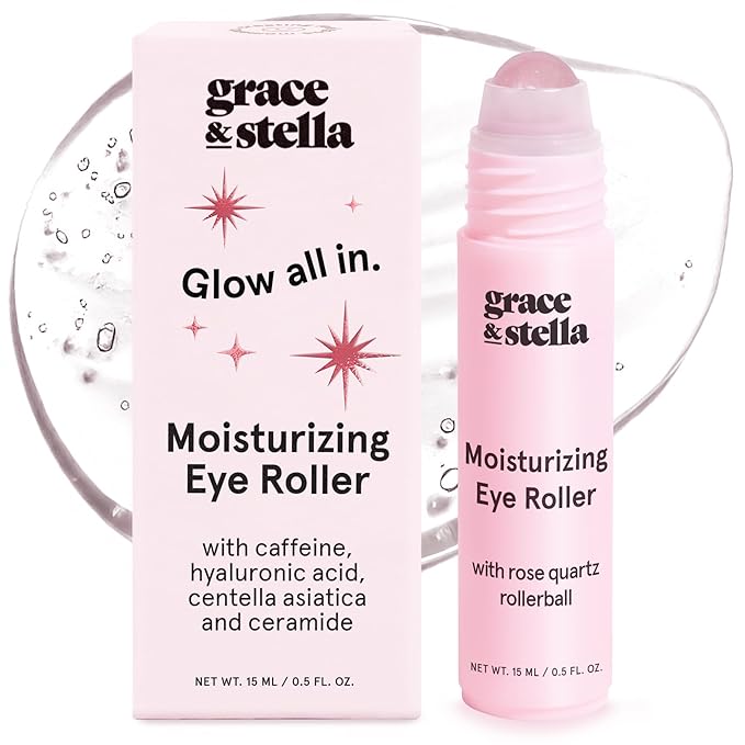 grace & stella Under Eye Brightener with Rose Quartz Rollerball - Centella Asiatica & Caffeine Under Eye Serum for Dark Circles & Puffiness - Travel Essentials, Gifts for Women, Vegan (15ml/0.51floz)