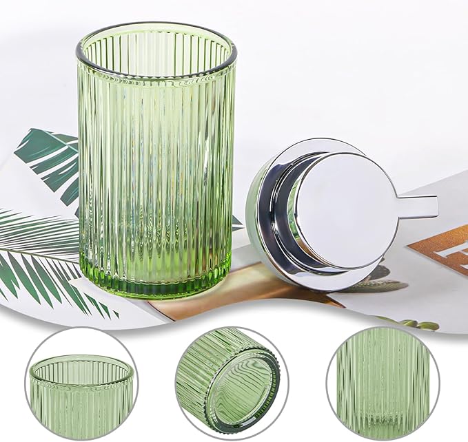 Foaming Soap Dispenser, 12 Oz Green Glass Foam Hand Soap Dispenser, Refillable Glass Foam Pump Bottle Container Decorative Slim Ribbed Bottle for Bathroom and Kitchen