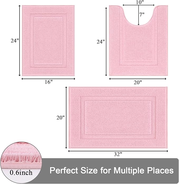 SHACOS Pink Bathroom Rugs Sets 3 Piece, 16"x24" + 20"x32" Non Slip Bath Mat and 20"x24" Toilet Rugs U Shaped Washable, Soft Fluffy Water Absorbent Bath Rugs for Bathroom