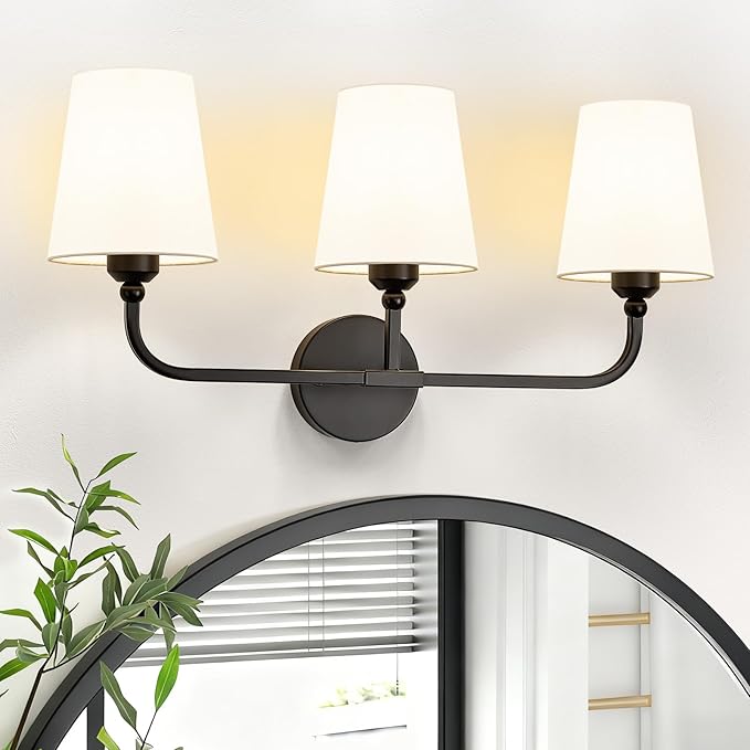 Bathroom Vanity Light, Matte Black Bathroom Light Fixtures, 3-Light Lighting Fixtures Over Mirror, Modern Wall Sconce with Flared White Fabric Shade, E26 Socket(ETL Listed)