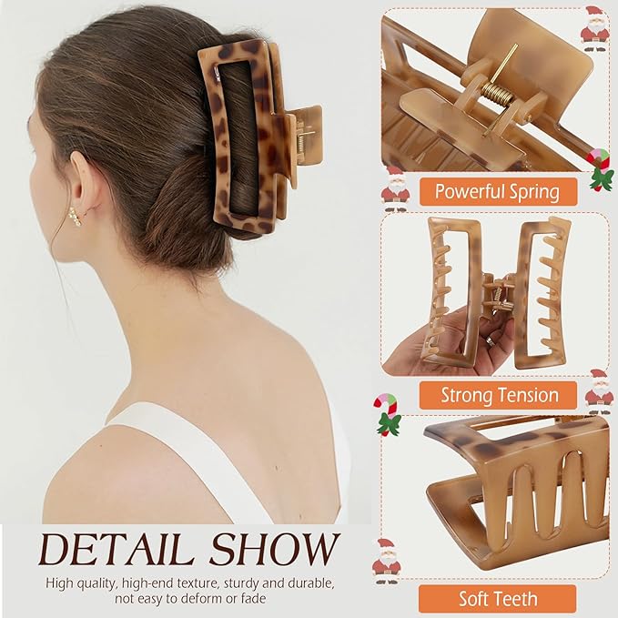 4 PCS 5 Inch Extra Large Claw Clip for Women, Tortoise Shell Jumbo Claw Clips for Thick Long Curly Hair, Rectangle Strong Hold Hair Clip, Non-slip Square Durable Hair Accessories for Hat