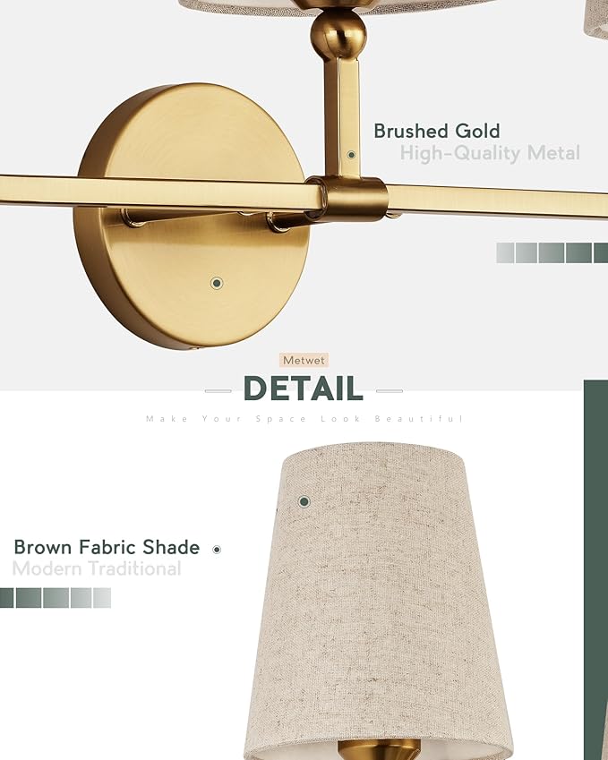 3-Light Bathroom Light Fixtures, Brushed Gold Vanity Lights with Brown Fabric Shade, Modern Sconces Wall Lighting for Hallway Bedroom, Upward Lighting, VL837-BG-L-3