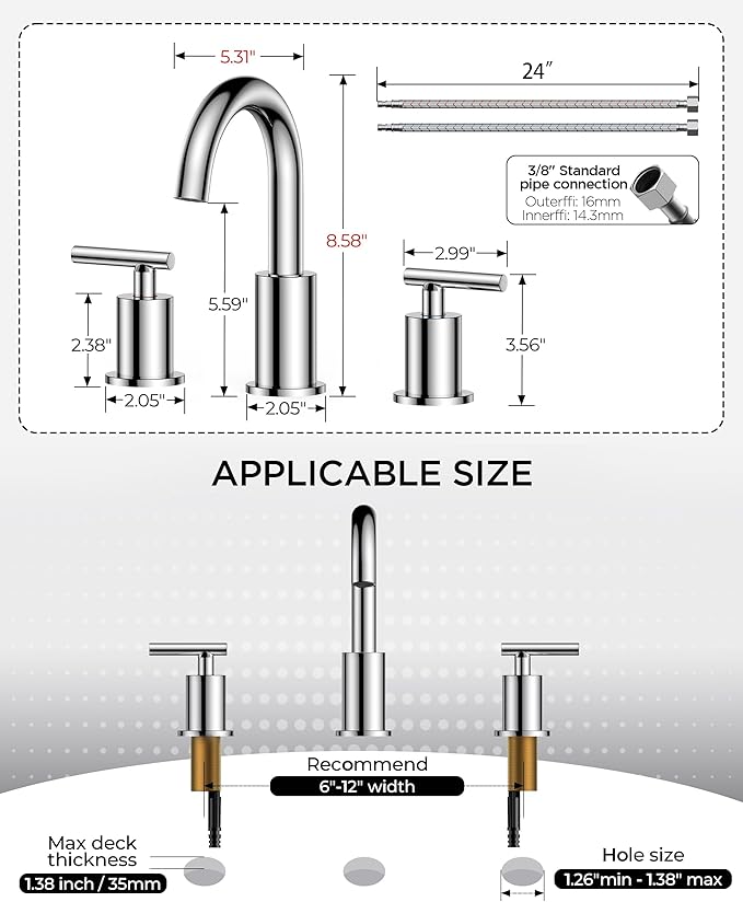 FORIOUS Chrome Bathroom Faucet 3 Hole, 8 Inch Widespread Bathroom Sink Faucet Polished Chrome 6 in with Metal Pop Up Drain and 24" Supply Line, 360 Degree Swivel Gooseneck for 3 Hole Vanity Sink RV