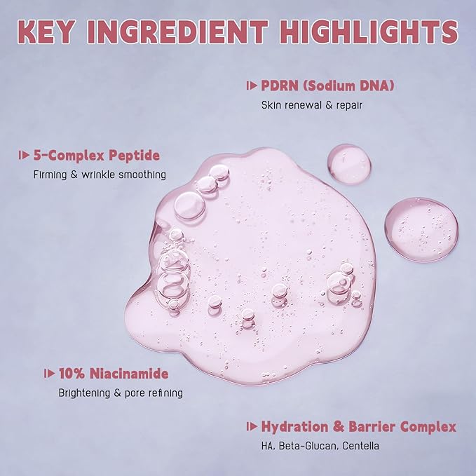 Pink Collagen Peptide PDRN Serum with 5-Complex Peptides, 10% Niacinamide & Hyaluronic Acid for Skin Firming, Moisturizing, Boosting & Calming, Uneven Tone, Pore Minimizing & Anti-Aging, 1.69 oz