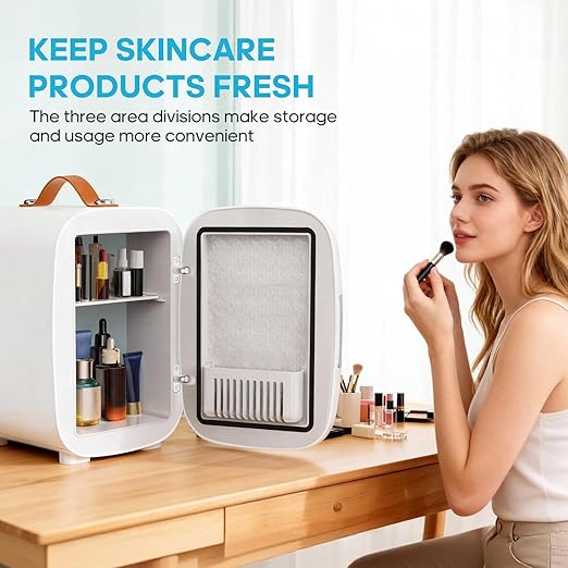 DUMOS Mini Fridge for Bedroom, 4L Compact Personal Fridge Cooler For Skincare, Drinks, And Snacks, Fits 6 Cans, Mini Refrigerator with 110V Ac/12V Dc, Ideal For Car, Dorm, White