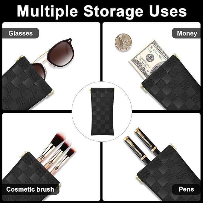 2Pcs Small Makeup Bag for Purse, Mini Checkered Leather Purse Pouches for Purse Small Makeup Pouch Small Coin Purse Organizer Pouches, Portable No Zipper Pocket Cosmetic Bag for Women (Black)