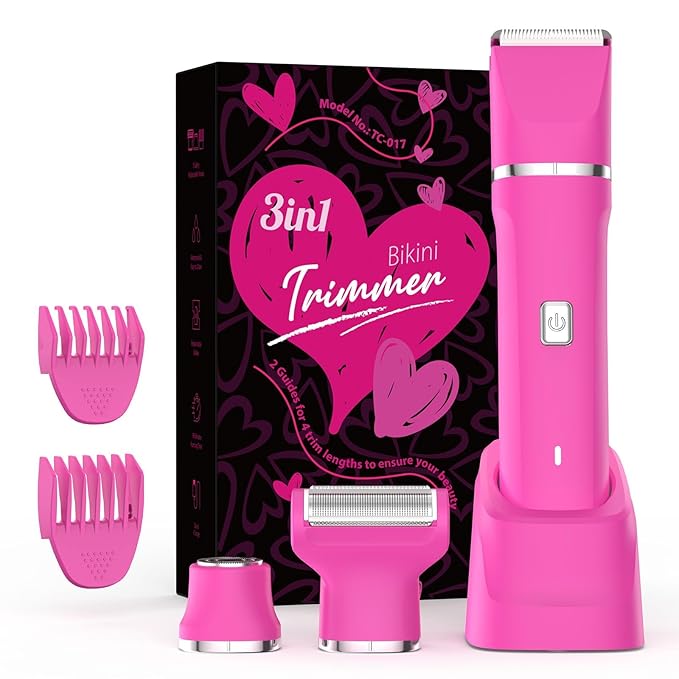 Bikini Trimmer for Women - IPX7 Waterproof Pubic Hair Remover for Shower & Travel, 3-in-1 Bikini Trimmer with Body/Round/Curved Heads, Hypoallergenic Foil & Ceramic Blades, Self-Care Gifts for Her