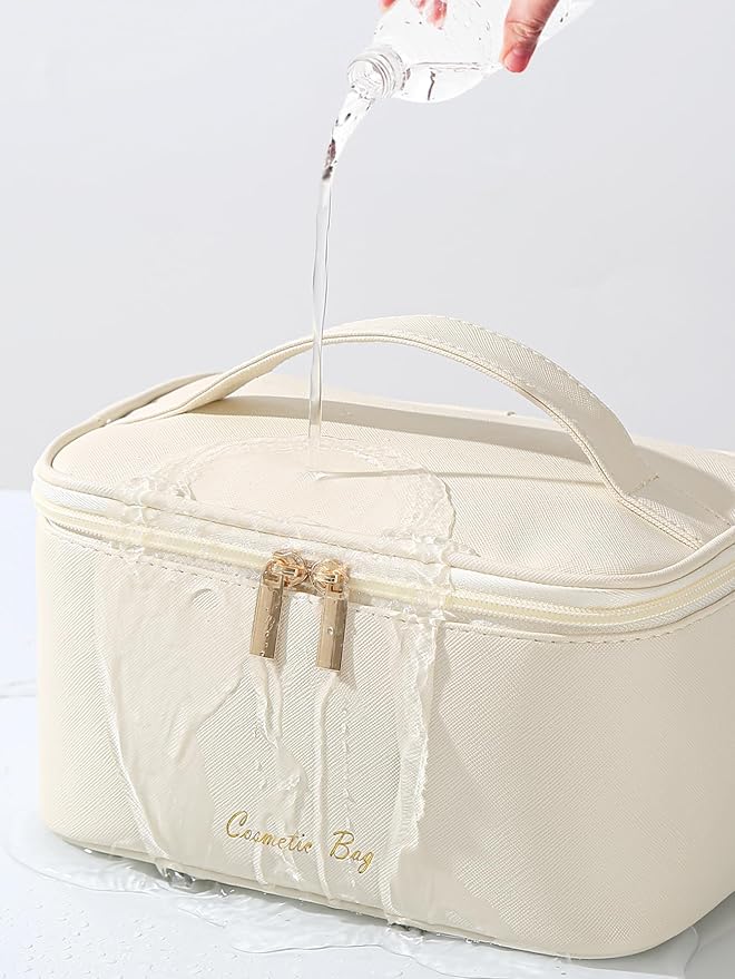 Meiyuuo Makeup Bag Large Cosmetic Bags for Women Girls Cute Travel Zipper Pouch Toiletry Organizer for Beauty Essentials Waterproof (Beige)