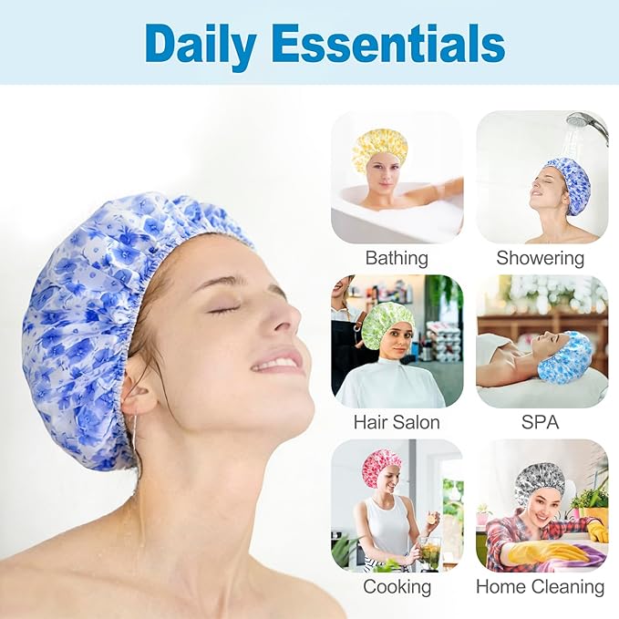 6 PCS Shower Caps for Women, Double Side Waterproof Shower Cap, Reusable Elastic Bath Caps for Shower, EVA Bathing Shower Caps, Bath Hair Caps - Plum Blossom