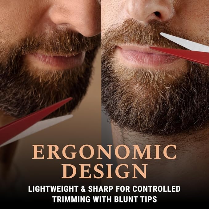 Ontaki Beard & Mustache Scissors for Men - 5inch, True Red - 410C German Steel Durable, Ergonomic Design Travel Friendly Facial Hair Scissors - Beard Grooming Kit 2 Combs & Case Perfect for Styling