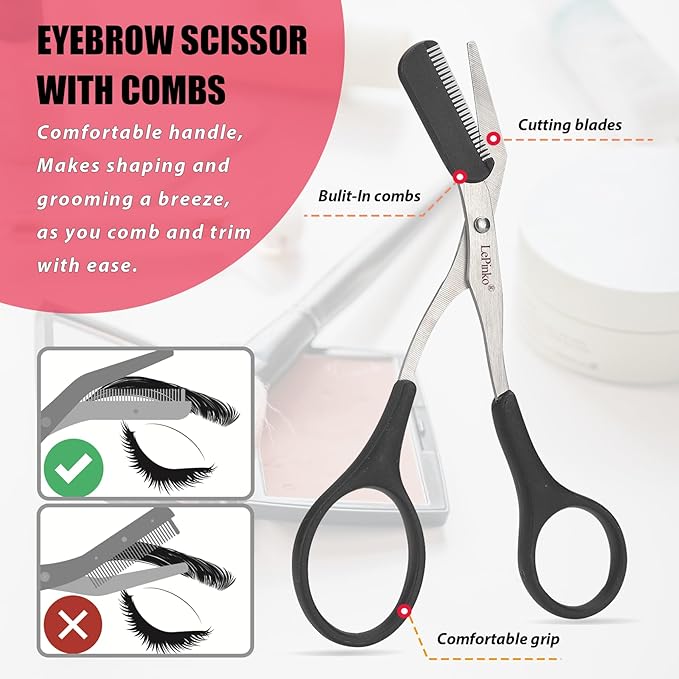 LePinko Eyebrow Trimmer Kit, 7 in 1 Eyebrow Scissors, Tweezer, Razor, Gromming Scissors Brush for Women Men, Gifts for Stocking Stuffers - White