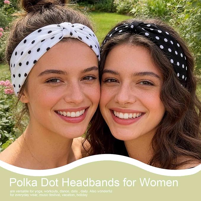 Olbye Wide Boho Headbands Floral Stretch Head Wraps Turban Knotted Yoga Hairbands Workout Hair Accessories for Women 4Pcs (Polka Dot, 9.4 * 5.9'')