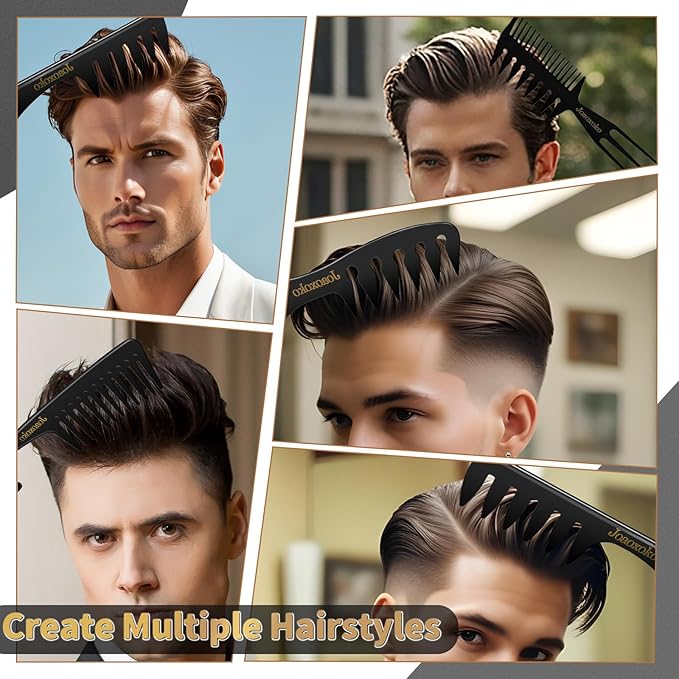 Wide Tooth Comb Set for Men - 4 Pcs Professional Barber Combs with Anti-Static Design, Reduce Hair Pulling for Curly Thick Hair, Textured ABS Black Combs for Travel Salon Home Grooming