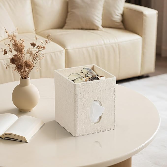 Tissue Box Cover, PU Leather Square Tissue Box Holder with Storage Tray for Bathroom Vanity Countertop Night Stands Bedroom Office Desk, Stylish Tissue Holder Decorative Organizer (Linen)
