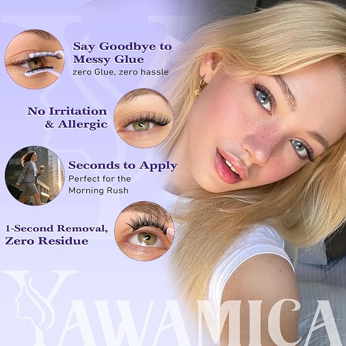 Magnetic Eyelashes with Applicator – Easy Snap-On Magnetic Lashes for Beginners, Natural Cat Eye Look, No Glue No Liner, Reusable Lightweight Strip Lashes by Yawamica