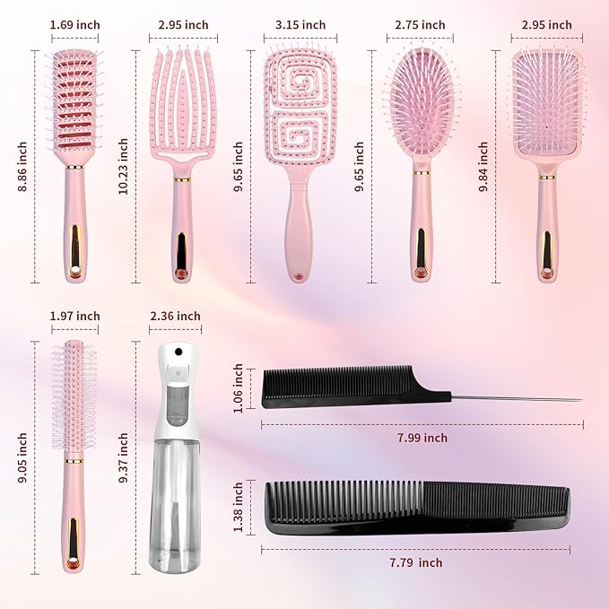 11PCS Hair Brush Set, Round Brush and Paddle Hair Brush Great On Wet Long Thick Hair, Detangling Brush and Spray Bottle for Wavy Curly Hair Pink