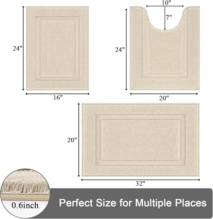 SHACOS Soft Fluffy Bathroom Rugs Set of 3 Pieces Bath Mats with U Shape Toilet Rugs Non Slip Washable Bath Rugs Absorbent Bathroom Carpet for Shower Tub Sink, Light Beige