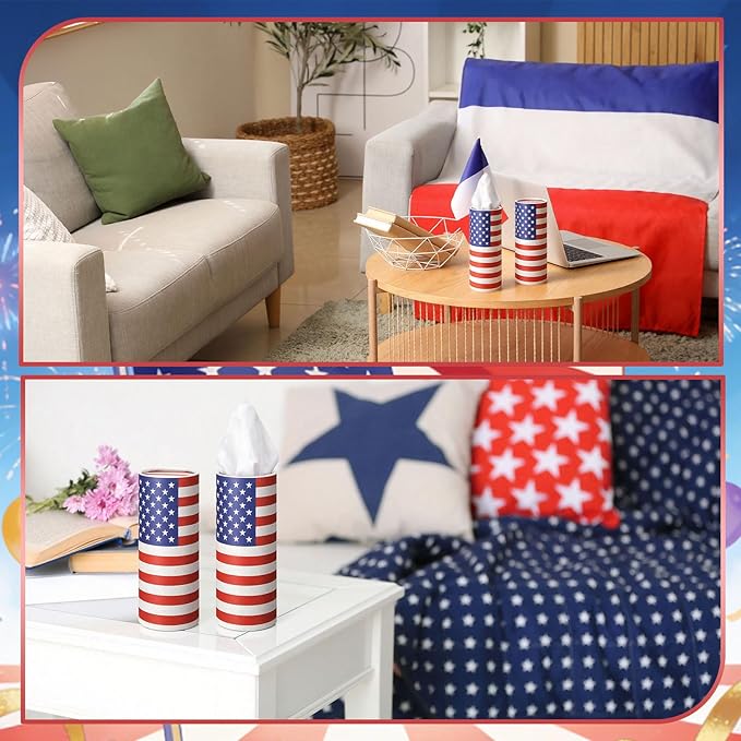 12 Pack 4th of July Flag Tissue Boxes for Car Cylinder Bulk Red Blue White Patriotic Round Cylinder Holder with 3 Ply Facial Tissues for Independence Day Travel Bathroom Office Decoration