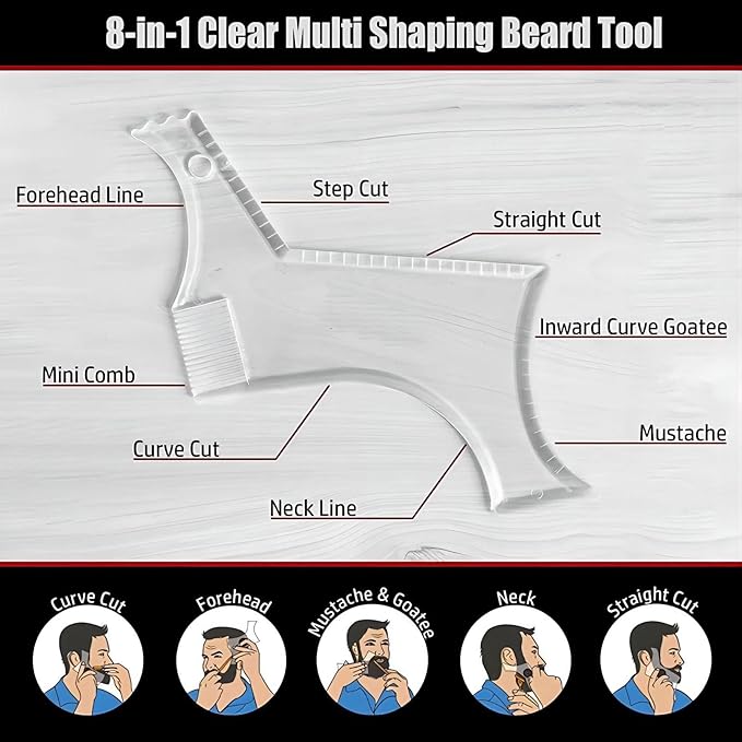 4PCS Men's Beard Shaping Tool Template, Beard Guide Shaper with Inbuilt Comb, Multi-liner Edges Shave for Curve/Straight/Neckline/Goatee/Sideburns (Clear-4pcs)