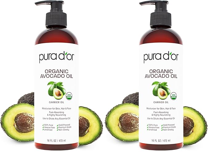 PURA D'OR 16 Oz ORGANIC Avocado Oil-100% Pure&Natural USDA Certified Cold Pressed Carrier Oil For DIY Beauty,Non-Greasy,Unscented,Hexane Free Liquid Moisturizer-Face Skin&Hair-Men-&Women,(Pack of 2)