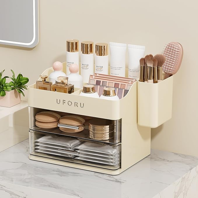 Makeup Organizer for Vanity with Brush Holder, Countertop Skincare Organizer with 2 Drawers, Spacious Cosmetic Display Case for Perfumes, Eyeshadow Palettes, Nail Polishes