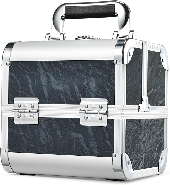 Costravio Makeup Case Train Case Portable Makeup Box with Mirror Lock Box Travel Cosmetic Train Cases Hard Make Up Organizer for Girls Nail Craft Storage Vanity Misty Hills Black
