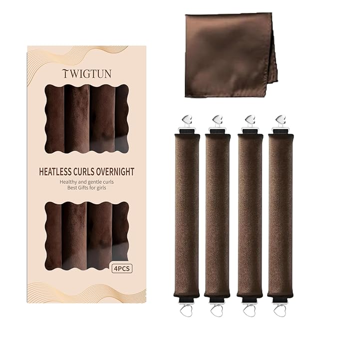 4pc Heatless Curls Overnight Hair Curlers - 4 Pcs No-Heat Curling Rod to Sleep In and Shower Cap,Velvet Hair Rollers with Satin Wrap (new packaging)