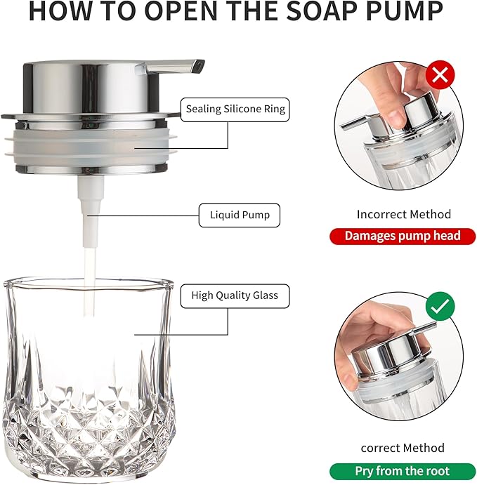 Glass Soap Dispenser,Bathroom Hand Liquid Soap Dispensers,Refillable Dish Soap Dispenser,Lotion Dispenser for Bathroom,Kitchen (Clear/Silver Liquid Pump)