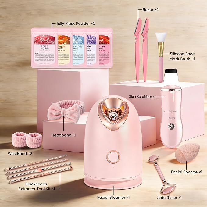 Facial Steamer Spa Kit, Skin Scrubber, Nano Ionic Face Steamer for Deep Cleaning Unclogs Pores, Warm Mist Humidifier Steamer for Face Home Sauna SPA