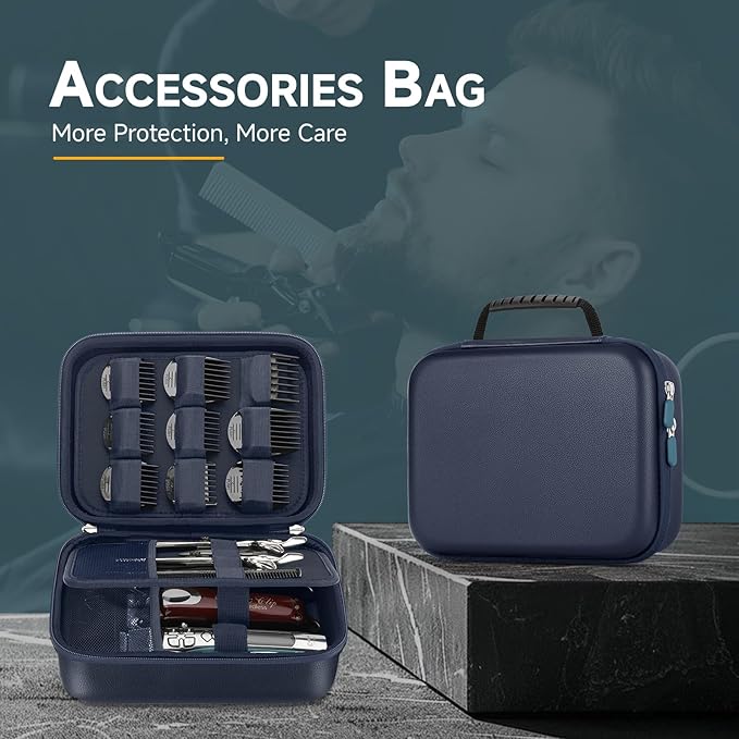 MOSLA Hard Barber Accessories Case for Hair Clippers, Mens Hair Cutting Barber Supplies Holder, Trimmer Organizer Storage Bag for Hair Cutting, Guard Grooming Kit (PU Navy blue)