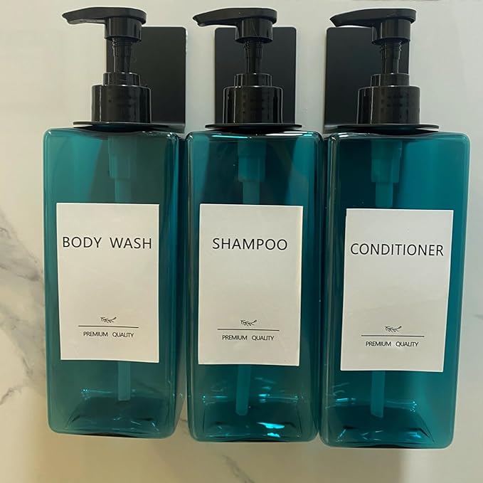 Shampoo and Conditioner Dispenser Set, 3Pack Refillable Shampoo and Conditioner Bottles with Labels, 500ml Soap Dispenser 16.9oz Shower Dispenser Square Pump Bottle for Bathroom and Kitchen - Sea Blue