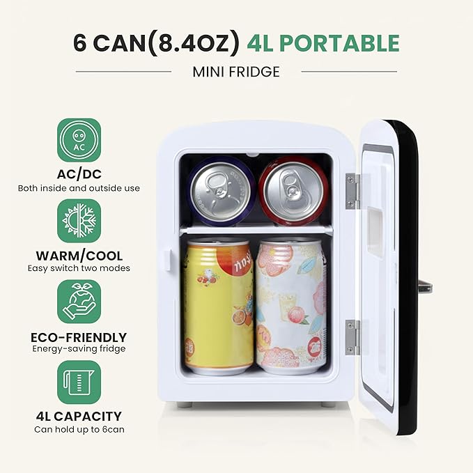 Simple Deluxe 4 Liter/6 Can Mini Fridge with Observation Window, Compact Freon-Free Small Refrigerator, Portable Cooler & Warmer for Skincare, Beverage, Food, Cosmetics, Black