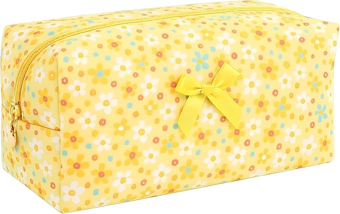 Floral Quilted Cotton Makeup Bag for Women, Large Capacity Travel Cosmetic Pouch with Zipper, Cute Toiletry & Brush Organizer, Kawaii Makeup Storage Case – Yellow Sun Flower