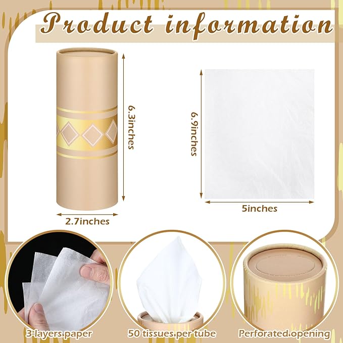 12 Pack Car Tissue Cylinder Holder Bulk with 3 Ply Facial Tissues, Round Napkin Holders for Car Cup Holder Cylinder Travel Paper Tubes Bulk Round Napkin Boxes Packs(Modern Gold Line)